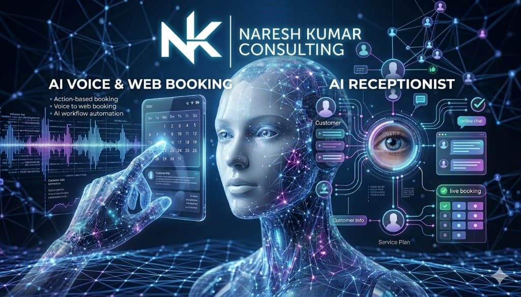 Naresh Kumar Consulting: AI voice and web booking, AI receptionist, and automation — promotional overview graphic