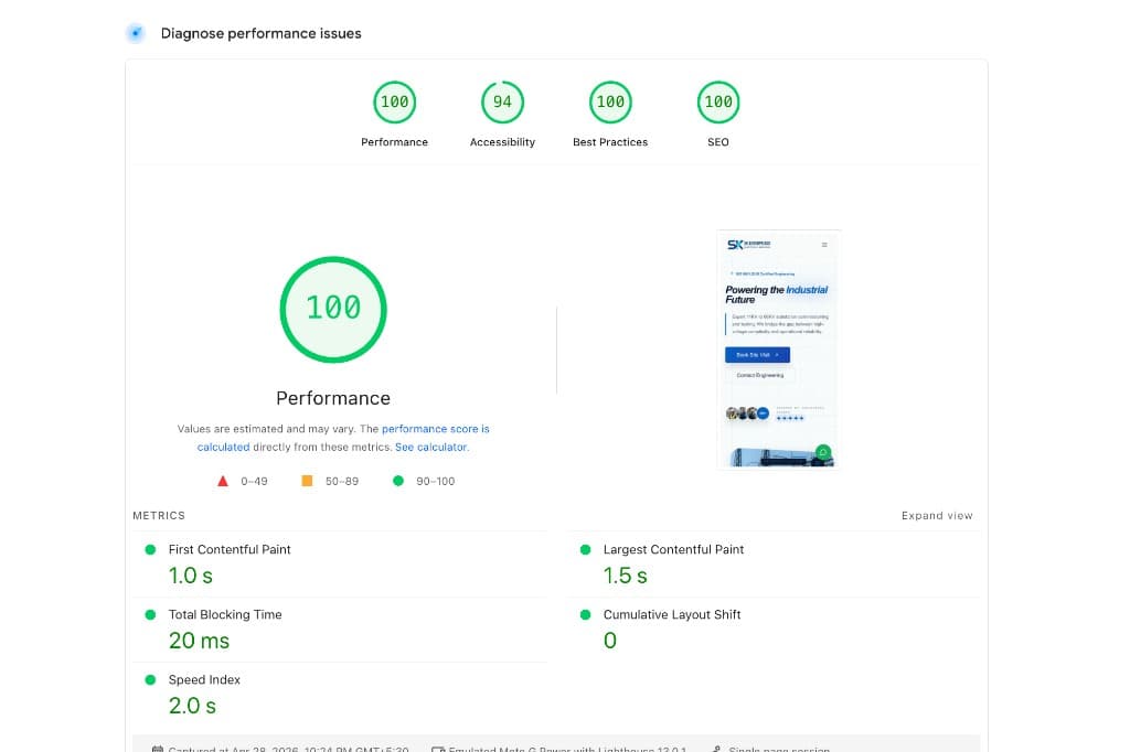 Performance report screenshot highlighting excellent speed and Core Web Vitals for SK Enterprises