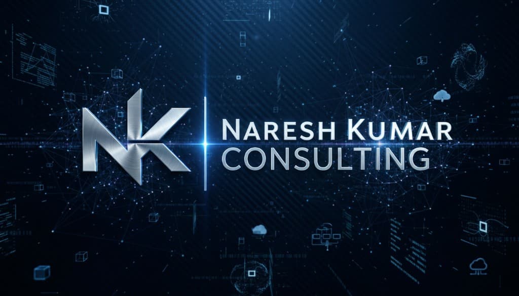 Naresh Kumar Consulting — NK monogram and wordmark on a deep blue technology-themed background.