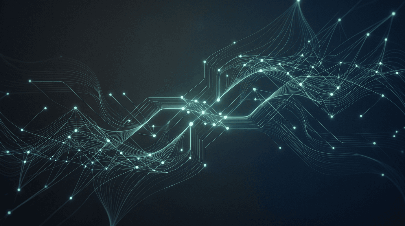 Abstract network of connected nodes suggesting AI-orchestrated business systems on a dark background
