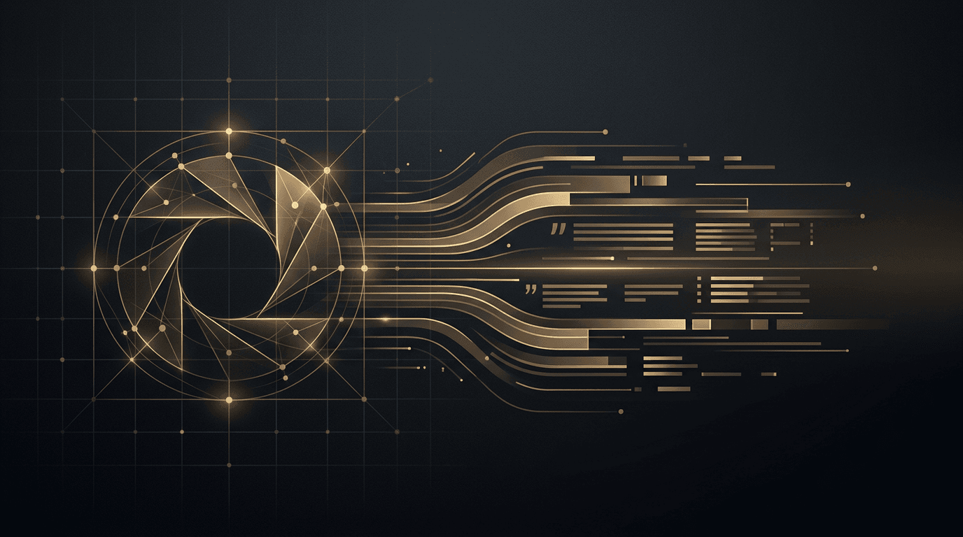 Abstract search, document, and structure motifs suggesting AI search and answer engine optimization on a dark background