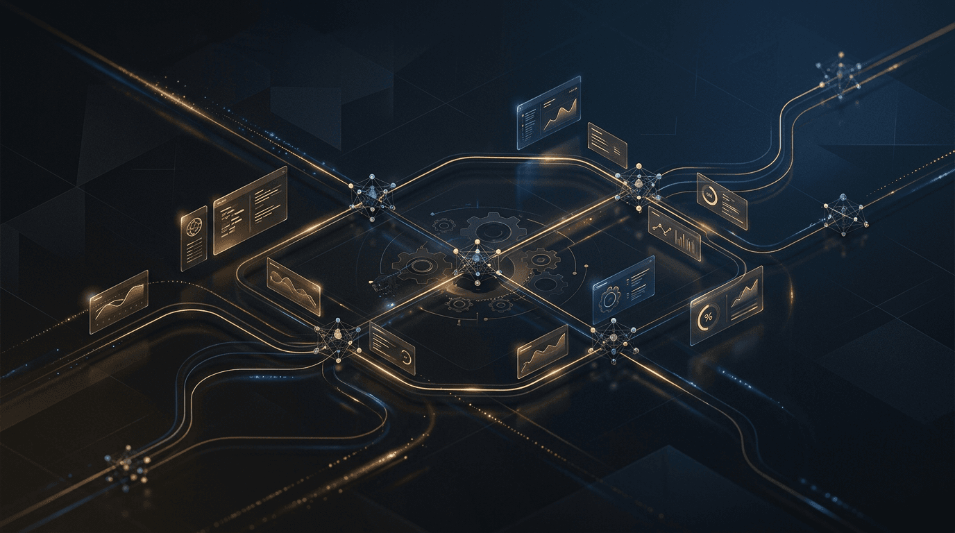 Abstract connected nodes and workflow paths suggesting AI integrations and intelligent automation on a dark background
