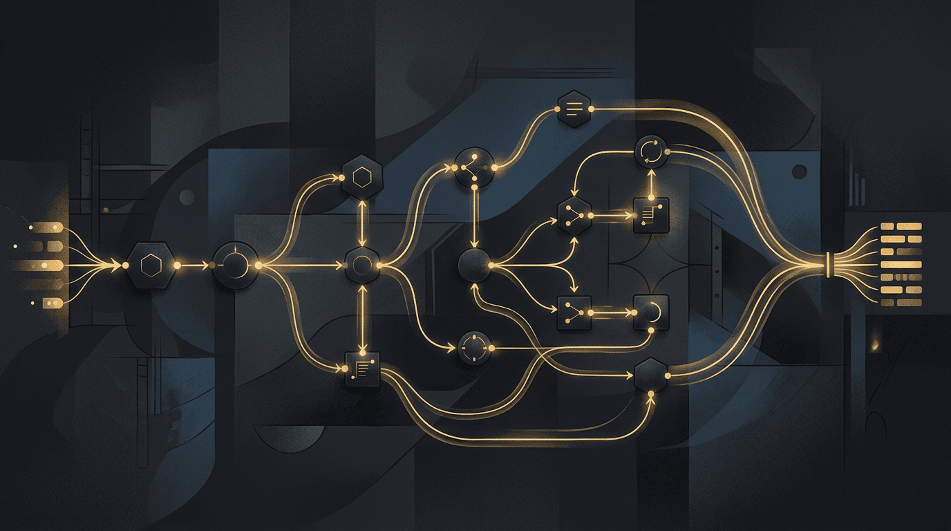 Abstract connected paths and nodes suggesting workflow automation and integrations on a dark background
