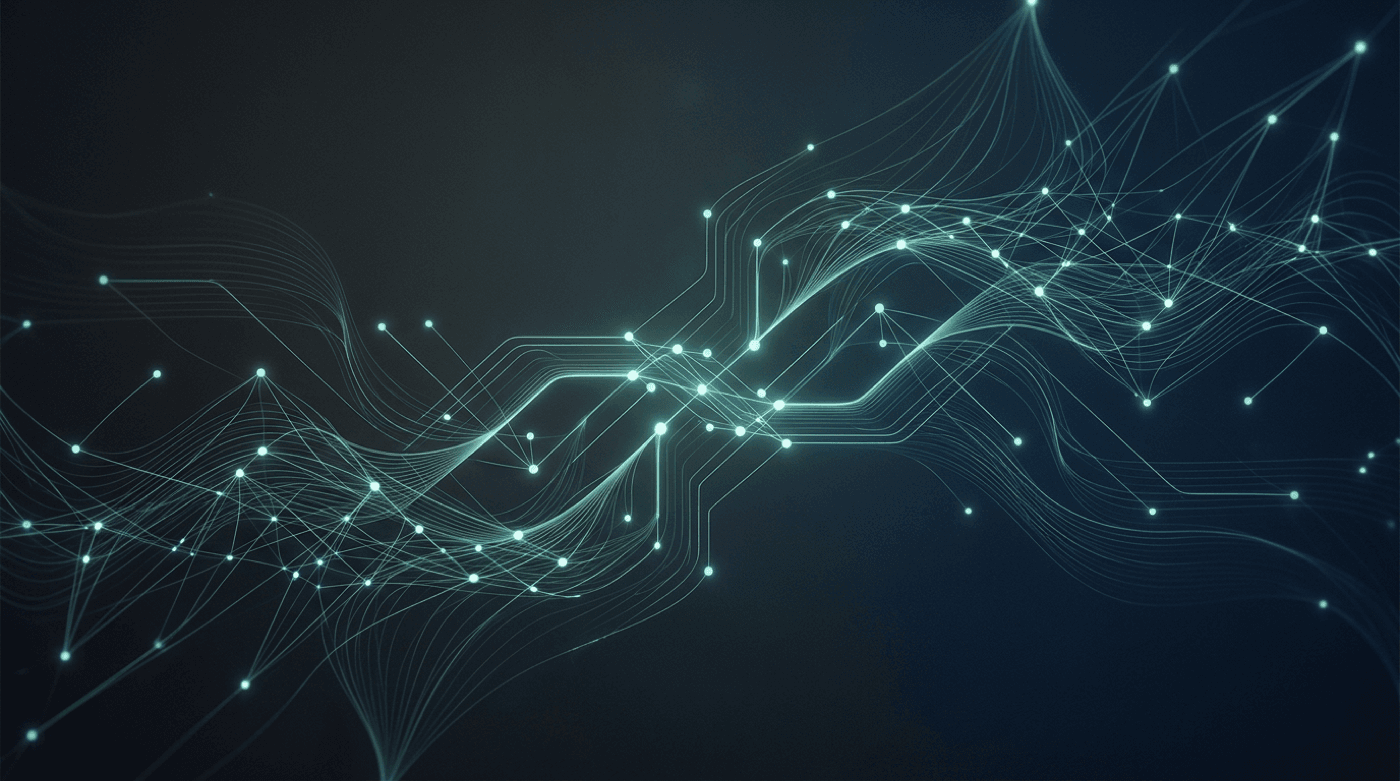 Abstract network of connected nodes suggesting AI, automation, and integrated business systems on a dark background