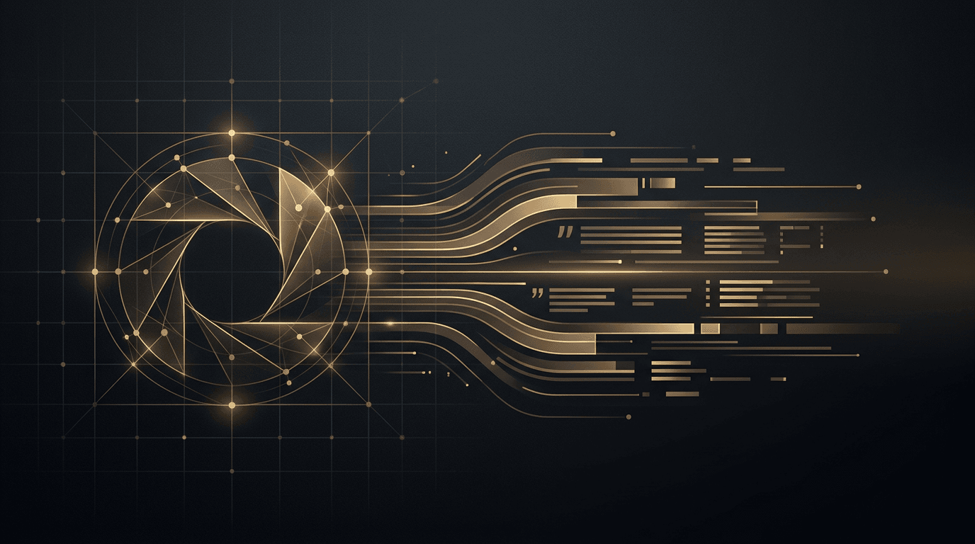 Abstract search, document, and structure motifs suggesting AI search and answer engine optimization on a dark background