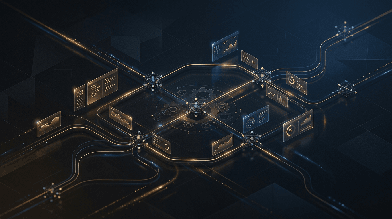 Abstract connected nodes and workflow paths suggesting AI integrations and intelligent automation on a dark background