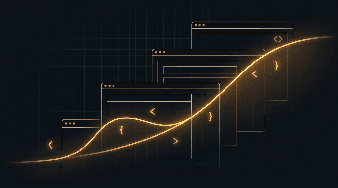 Abstract browser frames, performance curve, and code accents suggesting fast modern web development on a dark background